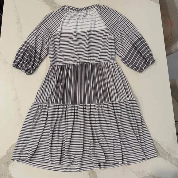 Violet Weekend Gray Purple Stripe Tasseled Neck Tiered Midi Dress Women's Medium - Picture 8 of 8